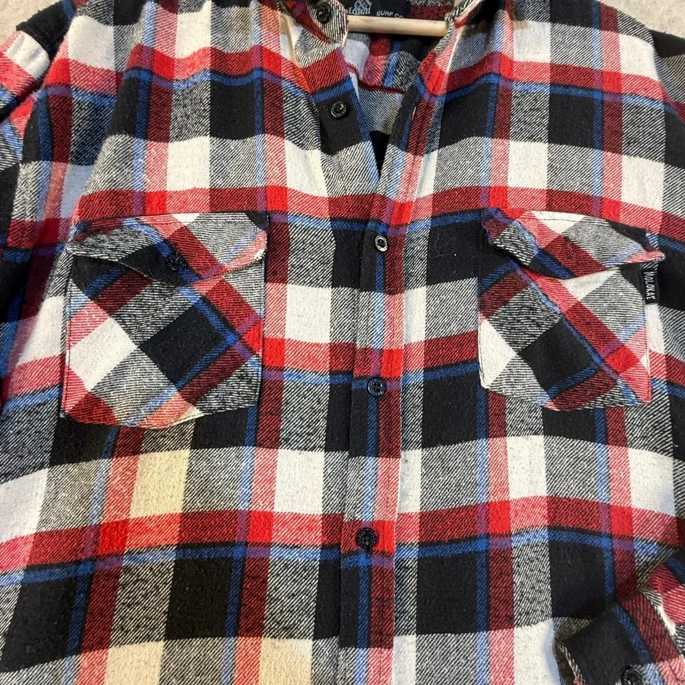 Molokai Surf Co Men XL Flannel Shirt Red White Black Plaid Long Sleeve Button Up